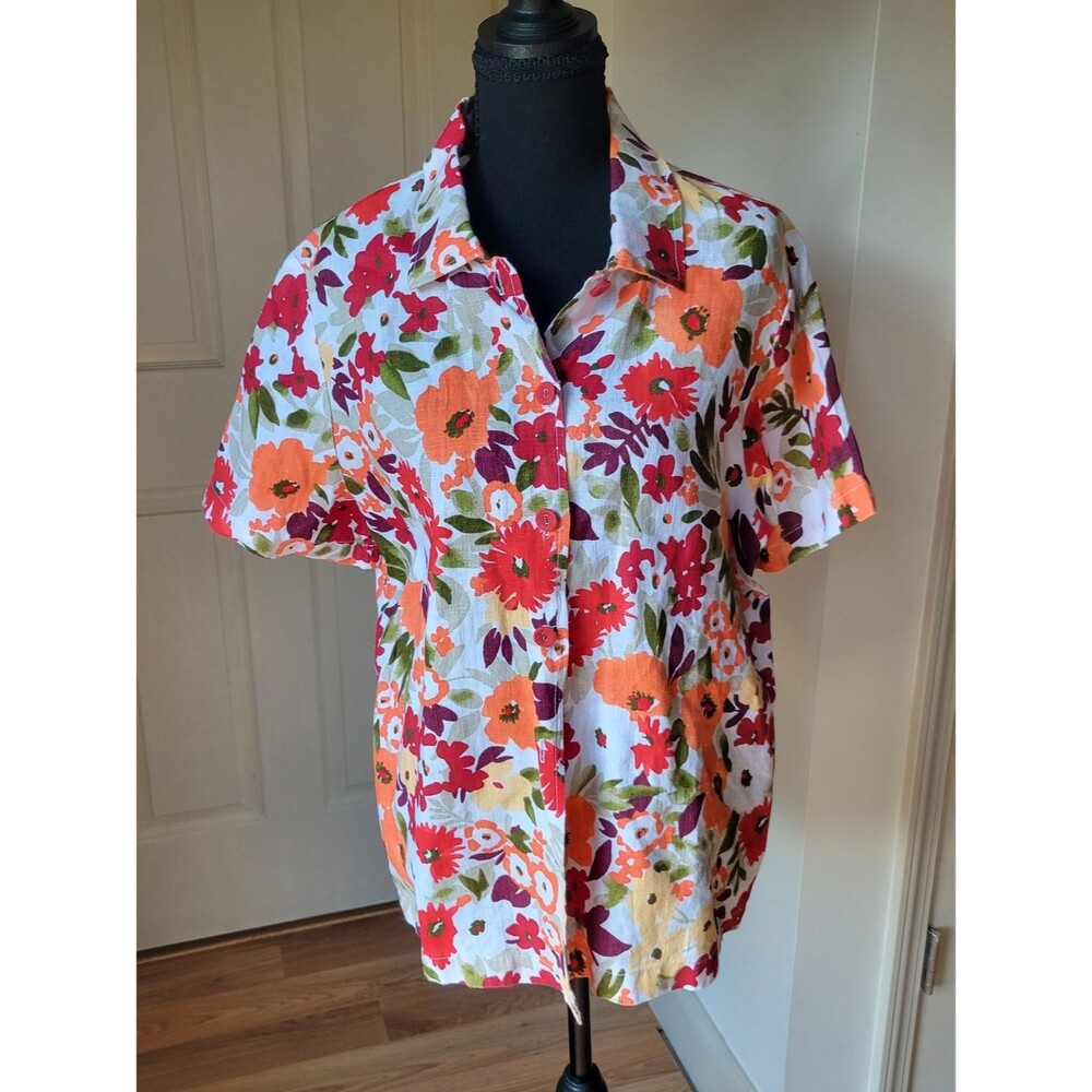 Hot Cotton Vintage Linen Floral Button Down Blouse Top Size M